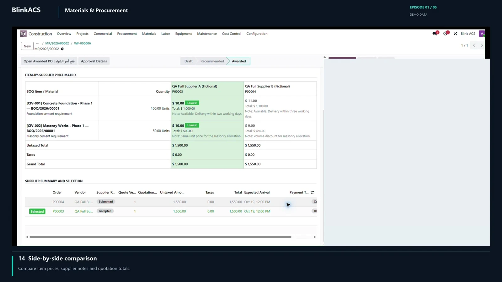 Real demo interface: supplier quotation comparison